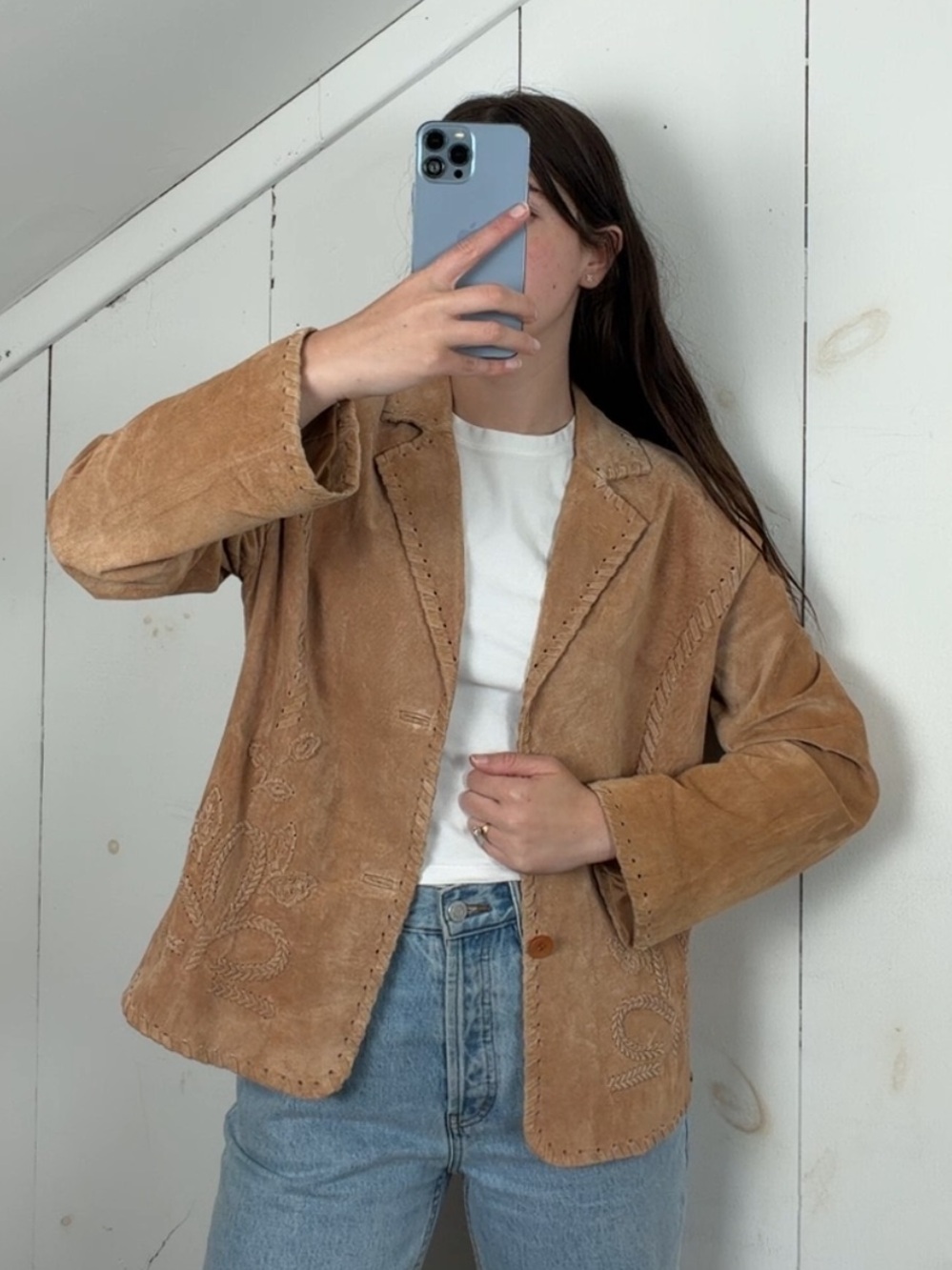 Vintage Atelier Suede Leather Blazer Jacket Women’s L Western Woven Embroidery
